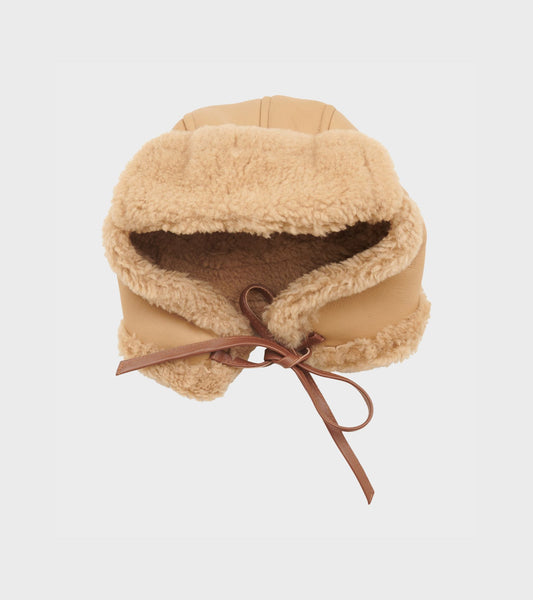 Leather Back Straight Hair Sheepskin Tapper Hat Tan