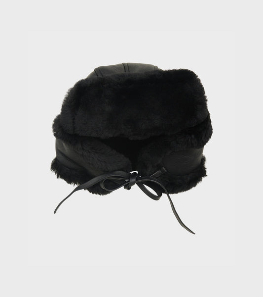 Leather Back Straight Hair Sheepskin Tapper Hat Black