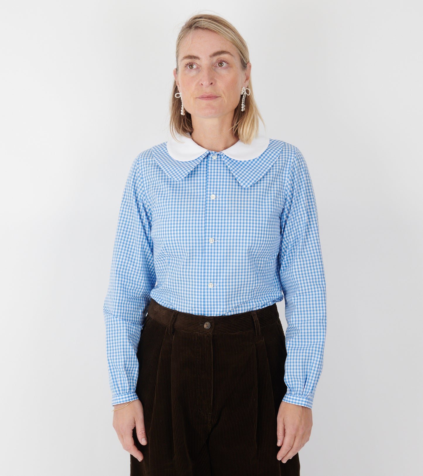 Round Collar Check Shirt Light Blue/White
