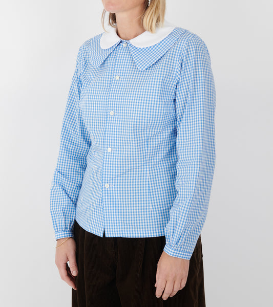 Round Collar Check Shirt Light Blue/White