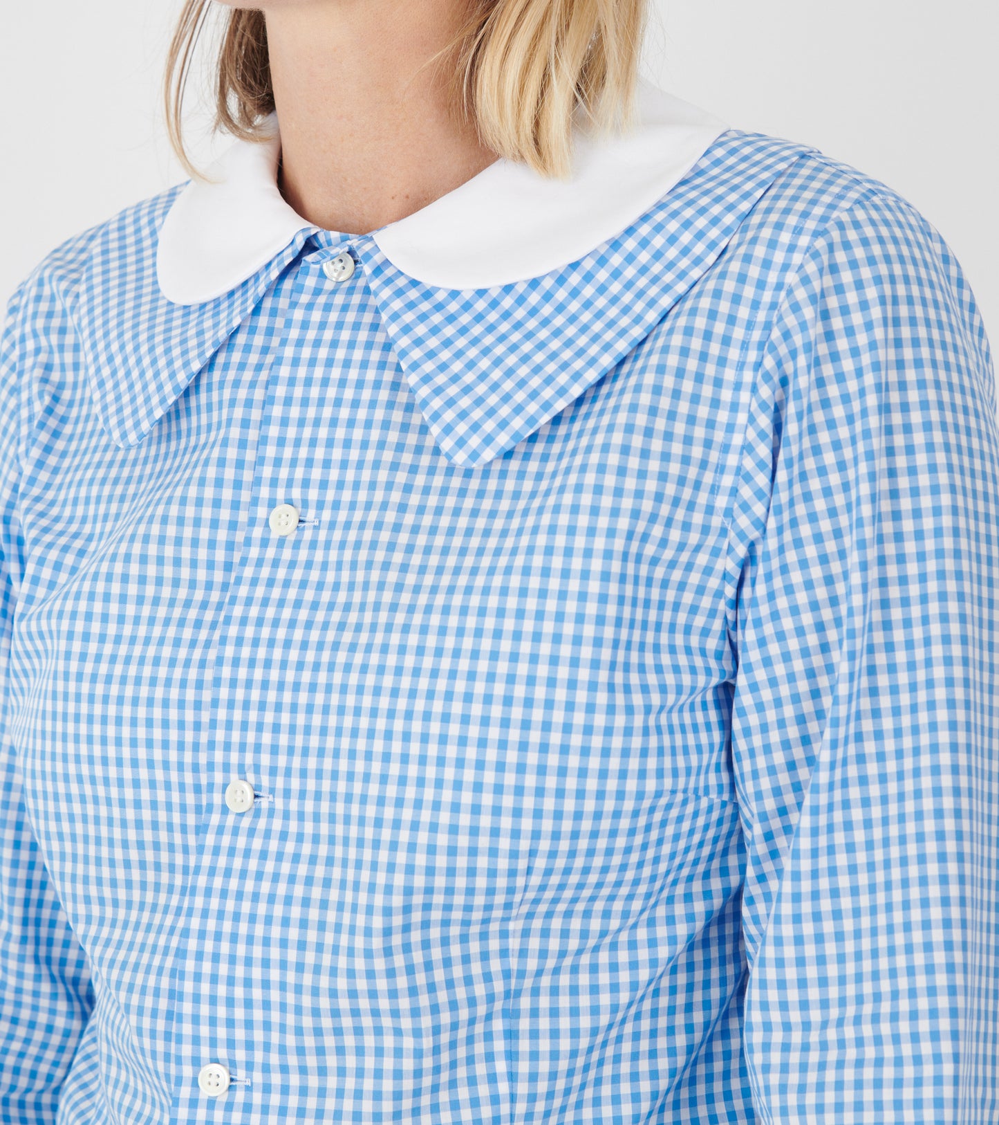 Round Collar Check Shirt Light Blue/White