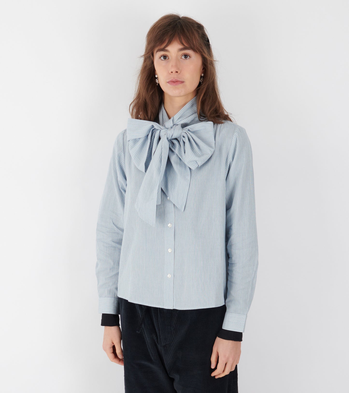 Dalia Bow Shirt Tiny Blue Stripe