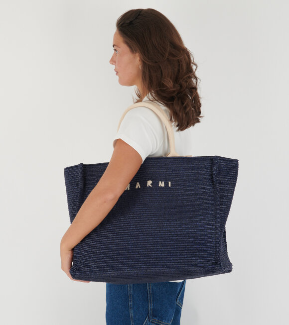 Marni - Large Raffia Tote Bag Dark Blue/Light Beige