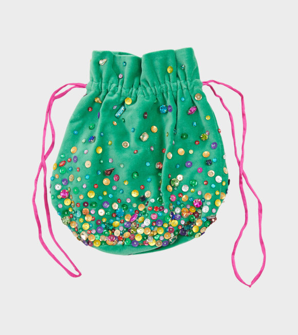 Caro Editions - Small Velvet Bag Green w. Rainbow