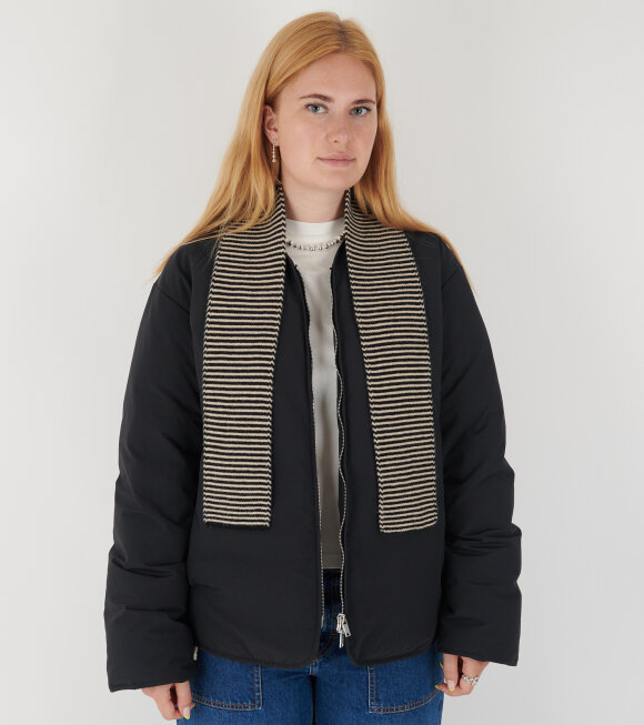 Jo Gordon - Small Thin Stripe Garter Stitch Scarf Black/Oatmeal