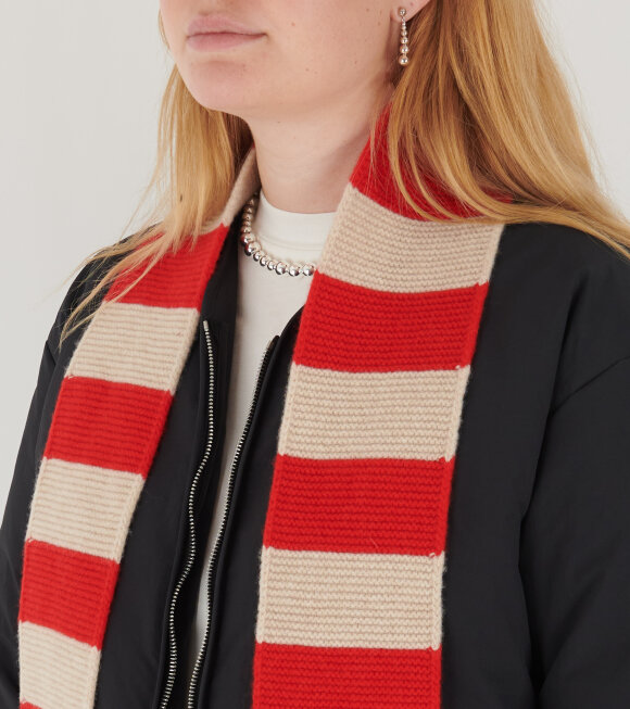 Jo Gordon - Small Bold Striped Garter Stitch Scarf Poppy/Oatmeal