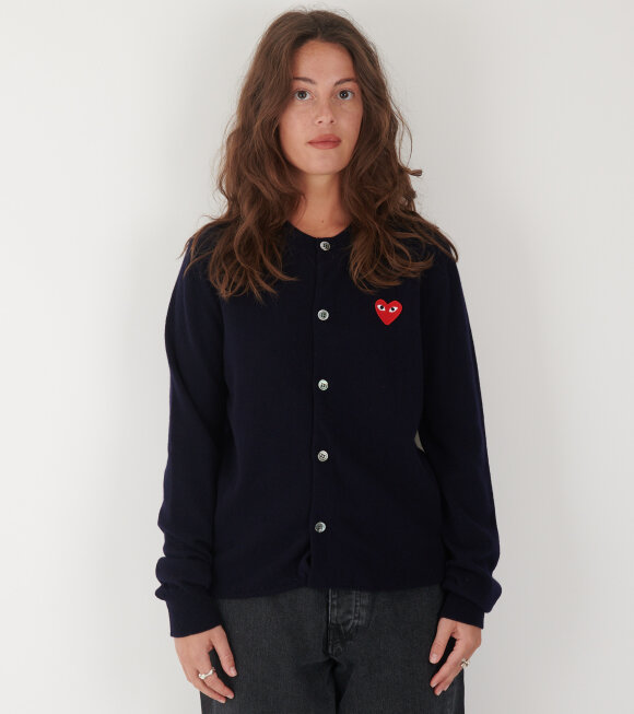 Comme des Garcons PLAY - Red Heart Round Neck Cardigan Navy