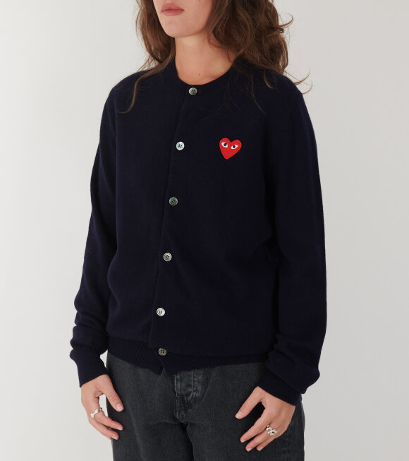 Comme des Garcons PLAY - Red Heart Round Neck Cardigan Navy