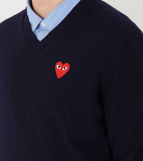 Comme des Garcons PLAY - Red Heart V-Neck Knit Navy