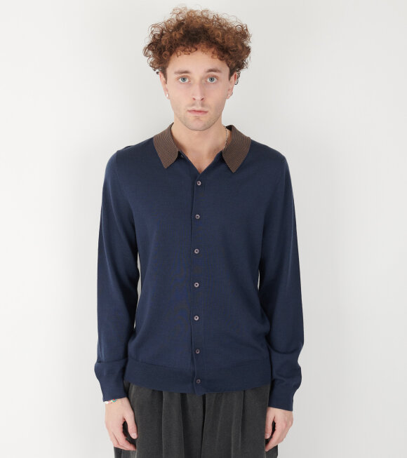 Paul Smith - Striped Collar Merino Cardigan Navy/Brown