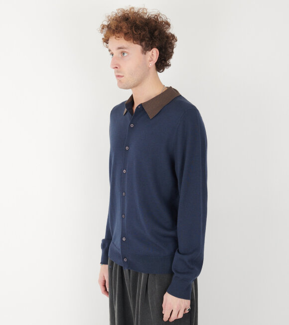 Paul Smith - Striped Collar Merino Cardigan Navy/Brown