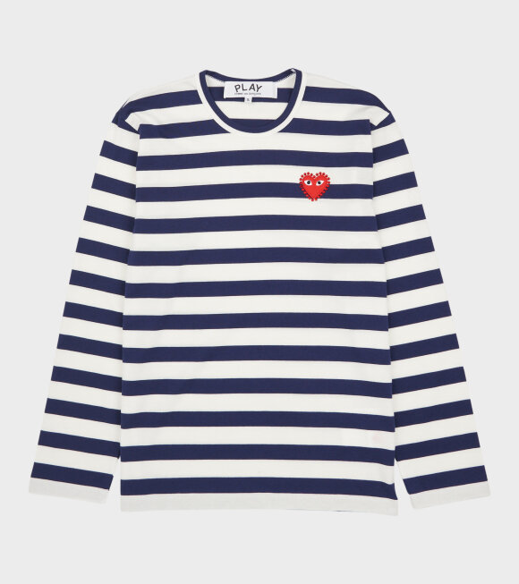 Comme des Garcons PLAY - U Striped LS Rhinestone Red Heart T-shirt Navy/White